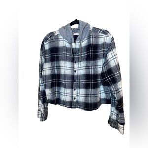 SO Crop Hoodie Flannel Plaid Button Down M